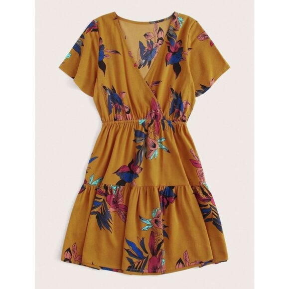 Butterscotch Yellow & Floral Print Surplice Front Tiered Dress - 1XL - Picture 1 of 10